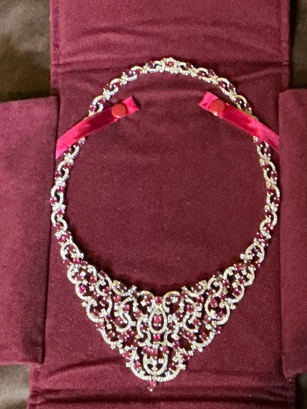 Exquisite Estate 14K WG Cascading Synthetic Ruby & Diamond Necklace 49.77cw